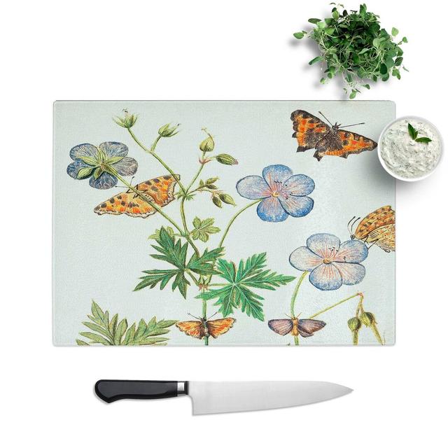 Tempered Glass Butterflies and Pelargonium Flowers Chopping Board East Urban Home Size: 39 cm W x 28.5 cm L on Productcaster.