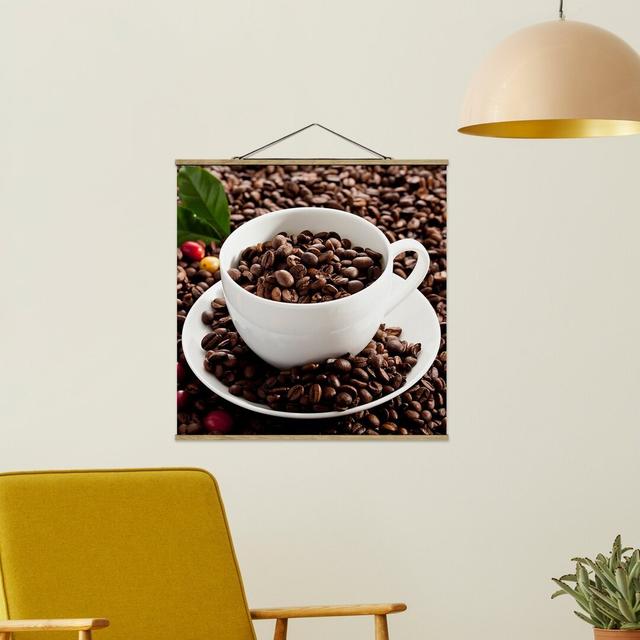 Stoffbild Coffee Cup with Roasted Coffee Beans Ebern Designs Größe: 100 cm H x 100 cm B x 0,3 cm T on Productcaster.