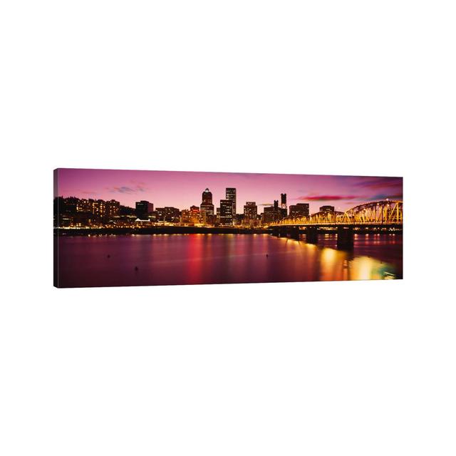 Skyscrapers Lit up at Sunset, Willamette River, Portland, Oregon, USA - Wrapped Canvas Panoramic Photograph Ebern Designs Size: 40.64cm H x 121.92cm W on Productcaster.