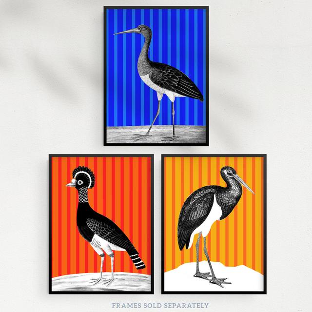 Bird On Striped Blue Yellow Orange Colourful Bright Modern - 3 Piece No Frame Print Set Wee Blue Coo Size: 40.5cm H x 30.5cm W x 0.3cm D on Productcaster.