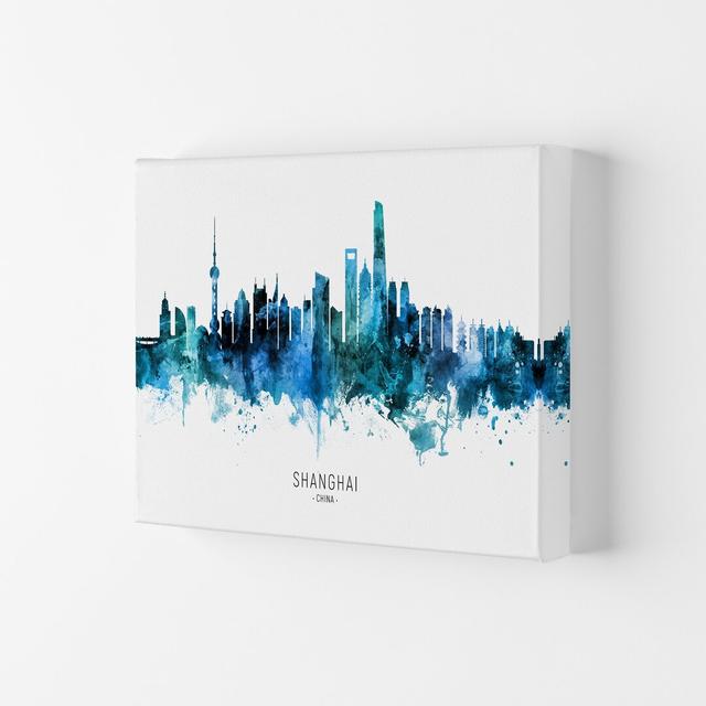 Shanghai China Skyline Blue City Name by Michael Tompsett - Graphic Art Ebern Designs Format: Wrapped Canvas, Size: 42cm H x 59.4cm W x 4cm D on Productcaster.