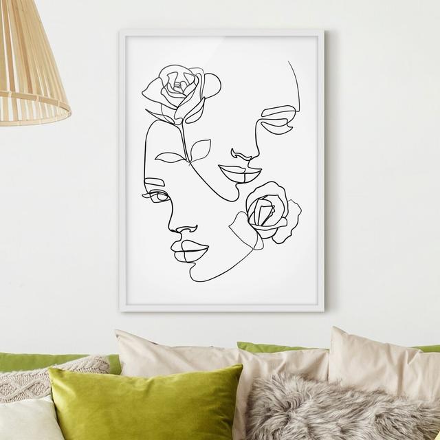 Line Art Faces Women Roses Black White - Picture Frame Drawing Canora Grey Frame Option: White, Size: 40cm H x 30cm W x 2cm D on Productcaster.