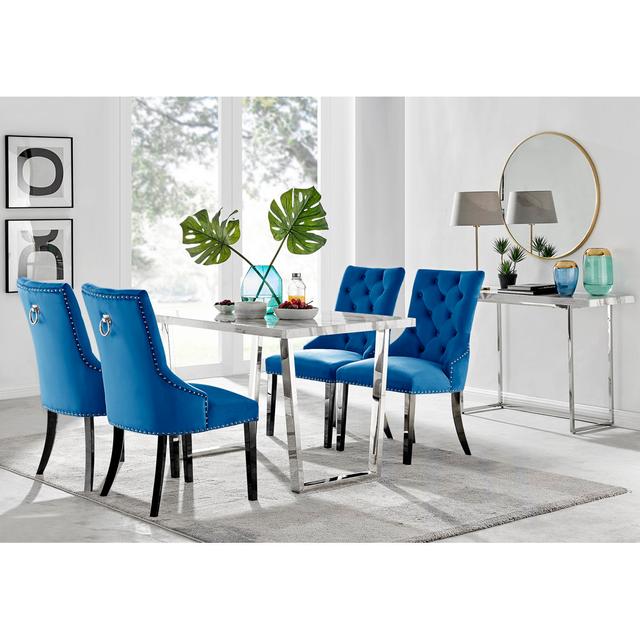 Kylooe Modern White And Silver Dining Table Set With 4 Luxury Button Velvet Dining Chairs Canora Grey Colour (Chair): Blue, Colour (Table Top): Marble on Productcaster.