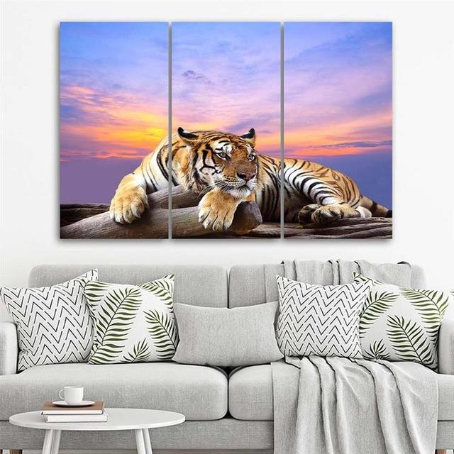 Tiger on the Background of the Setting Sun - 3 Piece Wrapped Canvas Photograph Print Set World Menagerie Size: 60cm H x 90cm W on Productcaster.