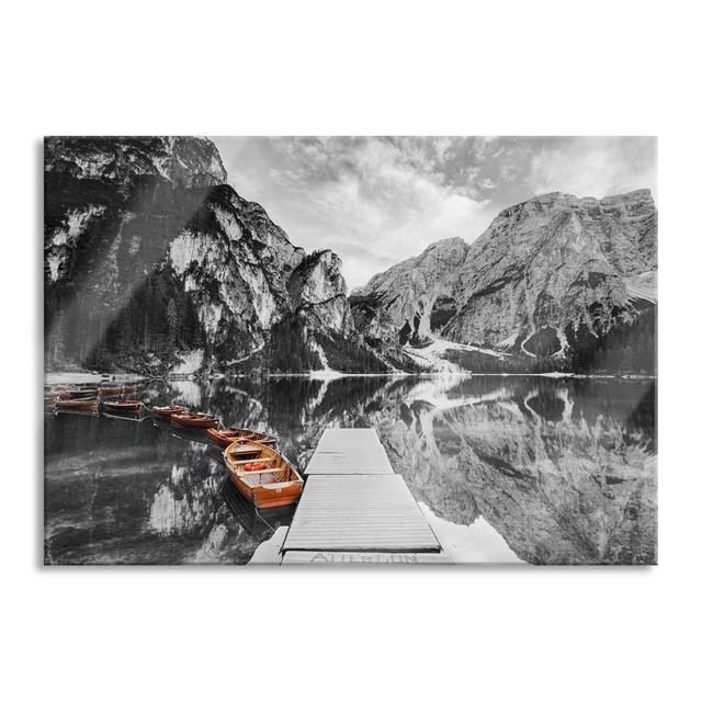 Row of Boats on the Jetty of the Braies Lake - Unframed Graphic Art on Glass Union Rustic Size: 70cm H x 100cm W x 0.4cm D on Productcaster.