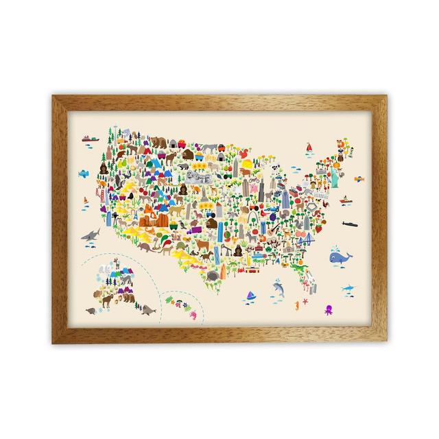 Animal Map Of United States by Michael Tompsett - Print Zoomie Kids Format: Brown Framed, Size: 46cm H x 63cm W x 3cm D on Productcaster.