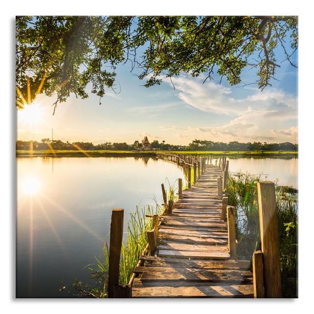 Wooden Bridge Over Natural Lake In Summer - No Frame Print on Glass Ebern Designs Size: 70cm H x 70cm W x 0.4cm D on Productcaster.