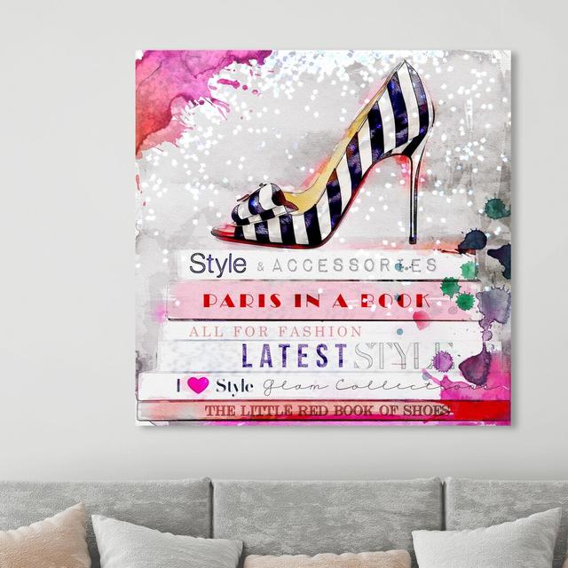 'Striped Shoe and Books' Graphic Art on Wrapped Canvas East Urban Home Size: 30.5 cm H x 30.5 cm W x 3.8 cm D on Productcaster.