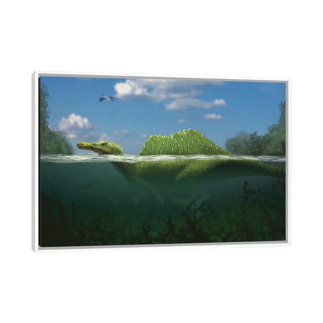 Spinosaurus Swimming in a River by Paulo Leite da Silva - Graphic Art on Canvas Maturi Frame Option: White Framed, Size: 45.72cm H x 66.04cm W x 3.81c on Productcaster.