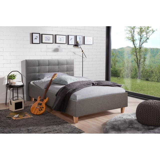 Gepolstertes Futonbett Crispin Brayden Studio Gestellfarbe: Buche Natur, Farbe: Grau, Liegefläche: 140 x 200 cm on Productcaster.