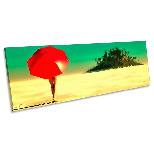 Red Umbrella Beach Picture PANORAMA CANVAS WALL ART Print Red House of Hampton Size: 40.64cm H x 121.92cm W on Productcaster.