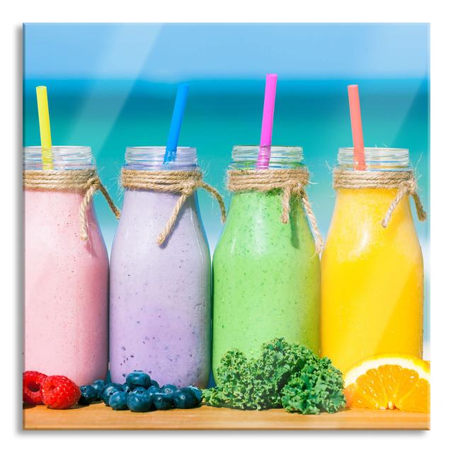 Smoothies in Different Colours - Unframed Graphic Art on Glass Brayden Studio Size: 60cm H x 60cm W x 0.4cm D, Colour: Blue/Purple/Green on Productcaster.