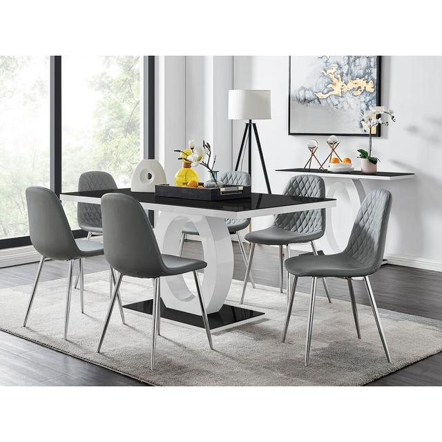 Scottsmoor Modern High Gloss & Glass Dining Table Set - 6 Scandi-Style Faux Leather Dining Chairs Canora Grey Colour (Chair): Grey/Silver, Table Colou on Productcaster.