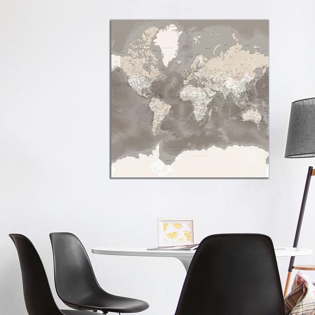 Detailed Brown World Map With Antarctica, Davey by Blursbyai - Gallery-Wrapped Canvas Giclée Borough Wharf Size: 93.98cm H x 93.98cm W on Productcaster.