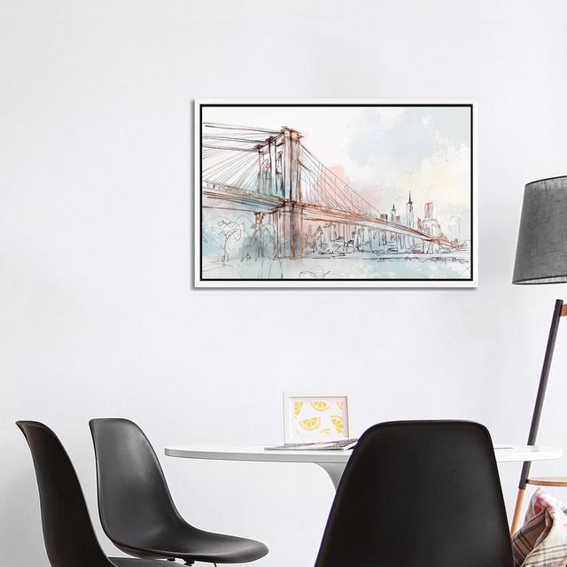 Blushing Brooklyn Bridge by Isabelle Z - Print on Canvas 17 Stories Format: White Framed, Size: 66.04cm H x 101.6cm W x 3.81cm D on Productcaster.