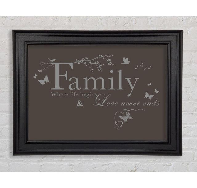 Family Quote Family Where Life Begins Framed Print Happy Larry Size: 59.7cm H x 84.1cm W x 8cm D, Colour: Chocolate on Productcaster.