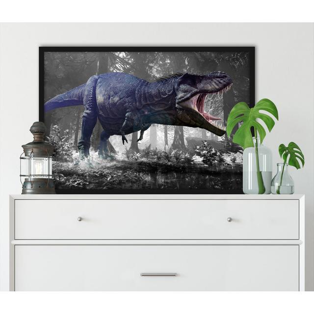 Gerahmter Grafikdruck T-Rex Dinosaurier im Wald ModernMoments Größe: 38 cm H x 30 cm B x 2.5 cm T, Farbe: Grün/Grau/Lila on Productcaster.