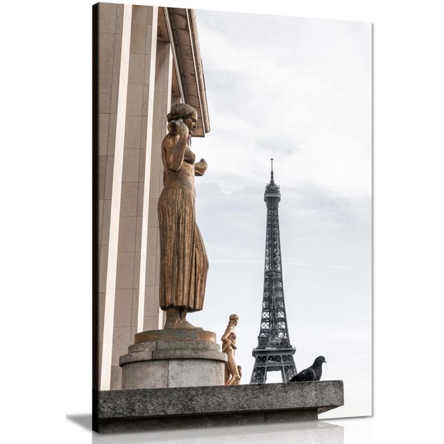 Golden Statue And The Eiffel Tower - Wrapped Canvas Print Panther Print Size: 91cm H x 61cm W x 1.8cm D on Productcaster.