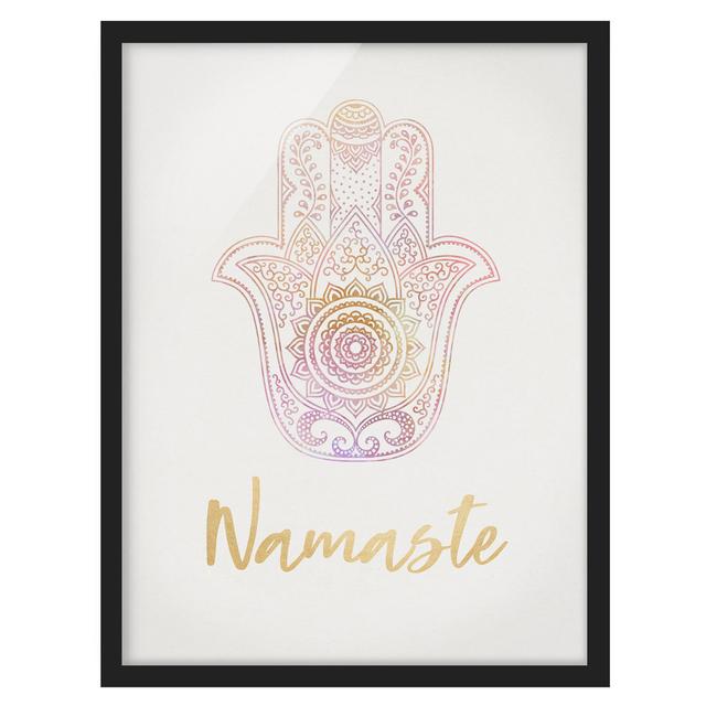 Hamsa Hand Illustration Namaste Gold Pink - Picture Frame Graphic Art Latitude Vive Size: 55cm H x 40cm W x 2cm D, Frame Option: Black on Productcaster.