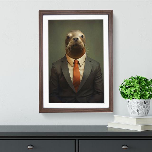 Sea Lion in a Suit Painting Happy Larry Frame Colour: Walnut , Size: 46cm H x 34cm W x 2cm D on Productcaster.