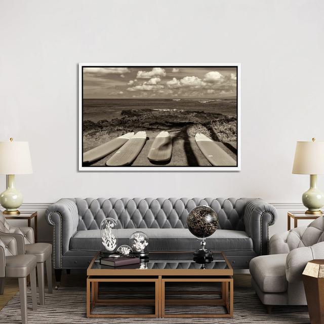 Surf Boards And Ocean by Dennis Frates - Gallery-Wrapped Canvas Giclée on Canvas Longshore Tides Size: 101.6cm H x 152.4cm W, Format: White Floater Fr on Productcaster.