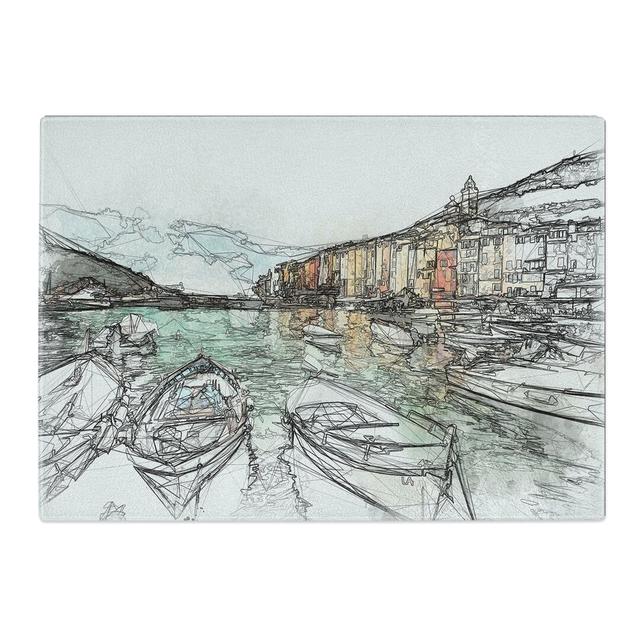 Tempered Glass Docked Boats in Portovenere Italy Sketch Chopping Board East Urban Home Size: 28.5 cm x 39 cm on Productcaster.