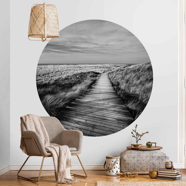 Round wallpaper self-adhesive - Dünenweg Auf Sylt Highland Dunes Colour: Black/White, Size: 122cm L x 122cm W on Productcaster.