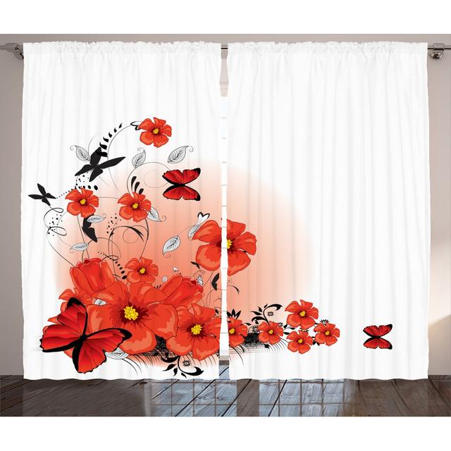 Vorhang-Set Blumiger Hintergrund mit Schmetterlingen, blickdicht (Set of 2) East Urban Home Vorhanggröße: 175 cm B x 280 cm L on Productcaster.