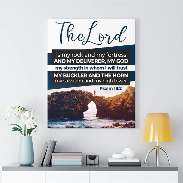 The Lord Is My Rock Psalm 18:2 KJV - Wrapped Canvas Typography Blue Elephant Size: 41cm H x 30cm W on Productcaster.