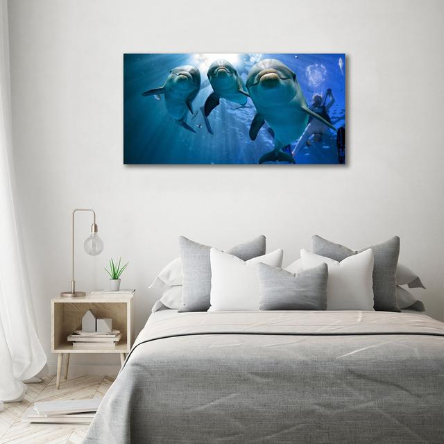 Leinwanddruck - Wandkunst - Drucke auf Leinwand - 140X70 Bildmotiv: Drei Delfine Haus am Meer on Productcaster.