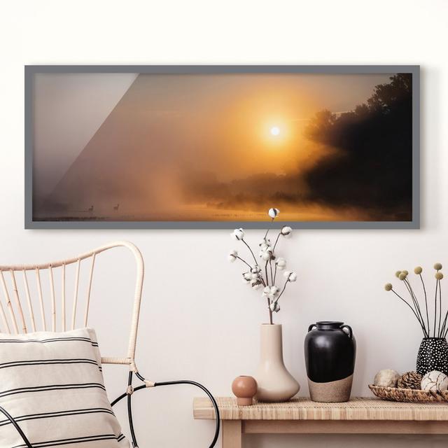 Sunrise at the Lake with Deer in the Fog - Picture Frame Photograph Brayden Studio Size: 30cm H x 75cm W x 2cm D, Frame Option: Grey Framed on Productcaster.