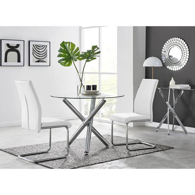 Seline Modern Round Dining Table Set in Glass and Chrome with 2 Upholstered Faux Leather Chairs Canora Grey Colour (Chair): White on Productcaster.