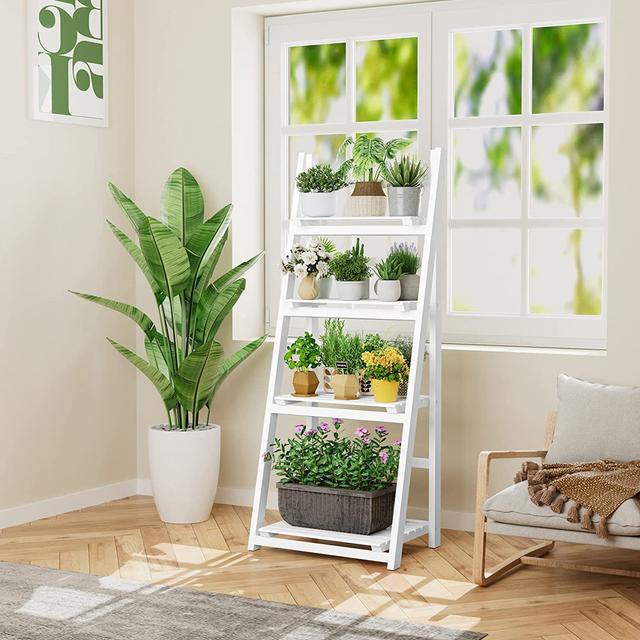 4 Tier Wooden Ladder Shelf Foldable Display Flower Plant Stands,White Dakota Fields Colour: White on Productcaster.