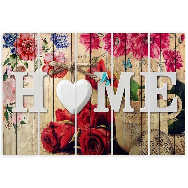 Floral Motif Home Inscription - 5 Piece Wrapped Canvas Typography Print Lily Manor Size: 100cm H x 200cm W on Productcaster.