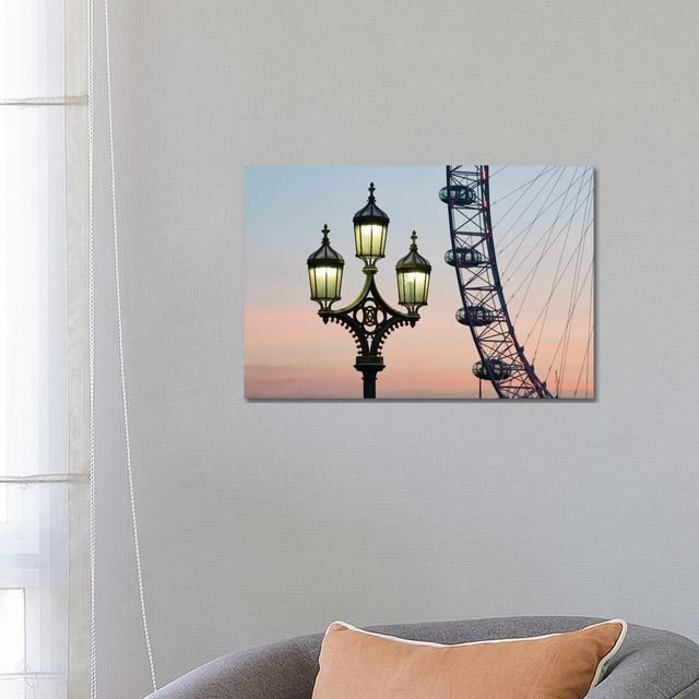 Street Lamp With London Eye In The Background by Jan Becke - Wrapped Canvas Gallery-Wrapped Canvas Giclée Latitude Run Size: 45.72cm H x 66.04cm W x 3 on Productcaster.