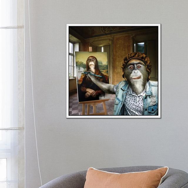 Leonardo Da Monkey by Spielsinn Design - Gallery-Wrapped Canvas Giclée Happy Larry Format: White Framed, Size: 66.04cm H x 66.04cm W x 3.81cm D on Productcaster.