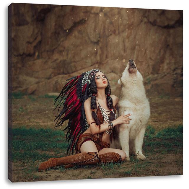 Leinwandbild Indian Woman and Howling Wolfhound World Menagerie Maße: 70 cm H x 70 cm B x 1,8 cm T on Productcaster.