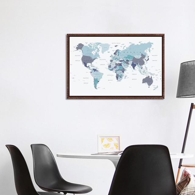 World Map Blue I by Urban Epiphany - Print on Canvas 17 Stories Size: 45.72cm H x 66.04cm W x 3.81cm D, Format: Classic Brown Wood Framed on Productcaster.