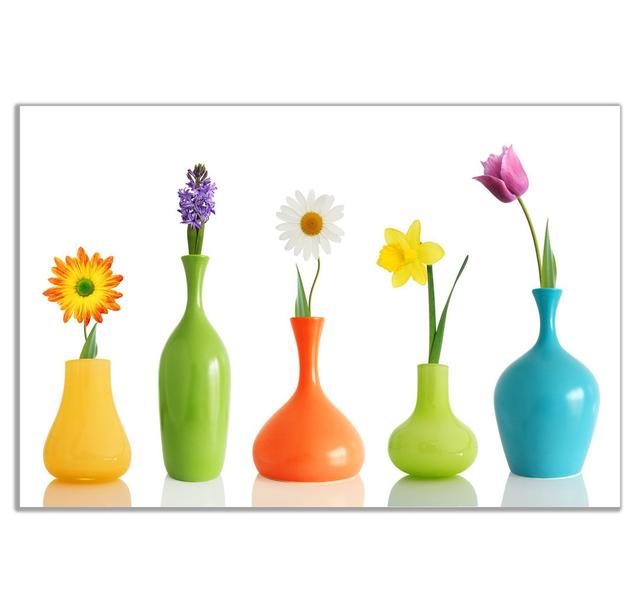 Fresh Look Spring Colorful Flowers In Vases On White - Wrapped Canvas Print Panther Print Size: 31cm H x 20cm W on Productcaster.