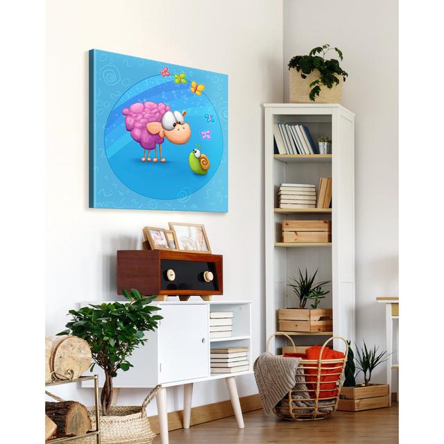 Sheep Meet Snail – Premium Leinwanddruck – Kunstdruck – Kinder Kollektion Von TooshToosh Happy Larry Größe: 80 cm H x 80 cm B x 2 cm T on Productcaster.