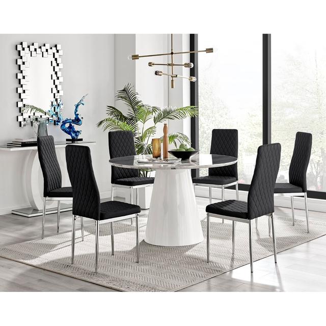 Edzard Statement Round Dining Table Set in Luxury Marble Effect & 6 Faux Leather Dining Chairs Canora Grey Colour (Chair): Black/Chrome on Productcaster.