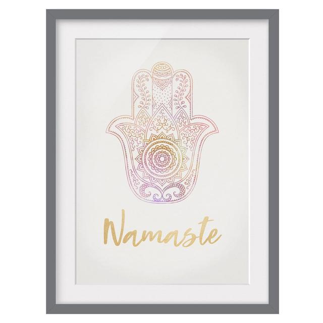 Hamsa Hand Illustration Namaste Gold Pink - Picture Frame Graphic Art Latitude Vive Frame Option: Grey, Size: 70cm H x 50cm W x 2cm D on Productcaster.