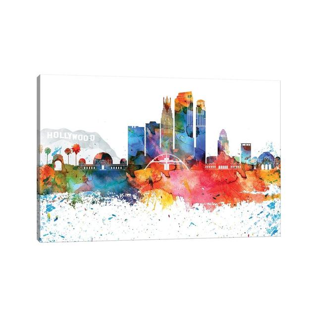 Los Angeles Colourful Watercolour Skyline by WallDecorAddict - Wrapped Canvas Painting Latitude Run Size: 20.32cm H x 30.48cm W x 1.91cm D on Productcaster.