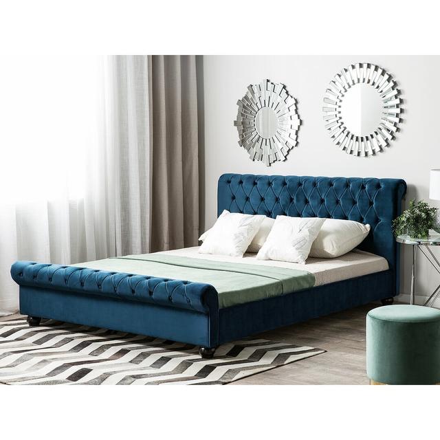 Mitzi Upholstered Bed Frame Etta Avenue Colour: Blue, Size: 180 x 200cm on Productcaster.