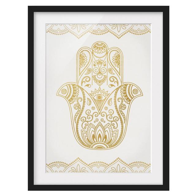 Hamsa Hand Illustration White Gold - Picture Frame Graphic Art Latitude Vive Frame Option: Black, Size: 55cm H x 40cm W x 2cm D on Productcaster.