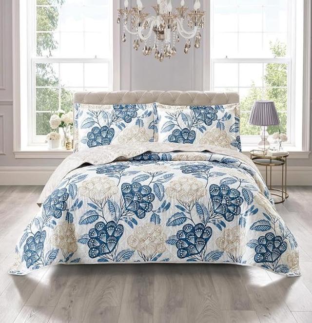 Andrena Microfiber Bedspread with Pillow Shams Marlow Home Co. Size: King Bedspread + 2 Standard Pillow Shams, Colour: Blue, Pattern: Floral on Productcaster.