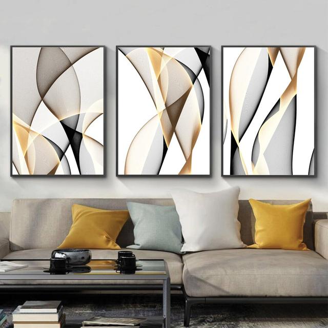 Contrasting Waves - 3 Piece Picture Frame Graphic Art Print Set on Paper Clock Canvas Size: 60cm H x 120cm W x 3cm D, Frame Option: Black Framed on Productcaster.