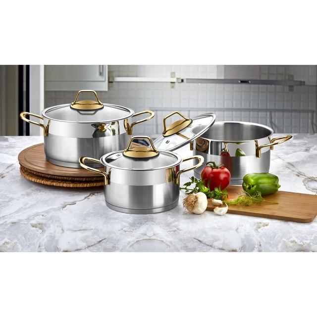 Hal Series 6-Piece Stainless Steel Mini Cookware Set (Gold Handles) Belfry Kitchen Colour: Silver/Gold on Productcaster.