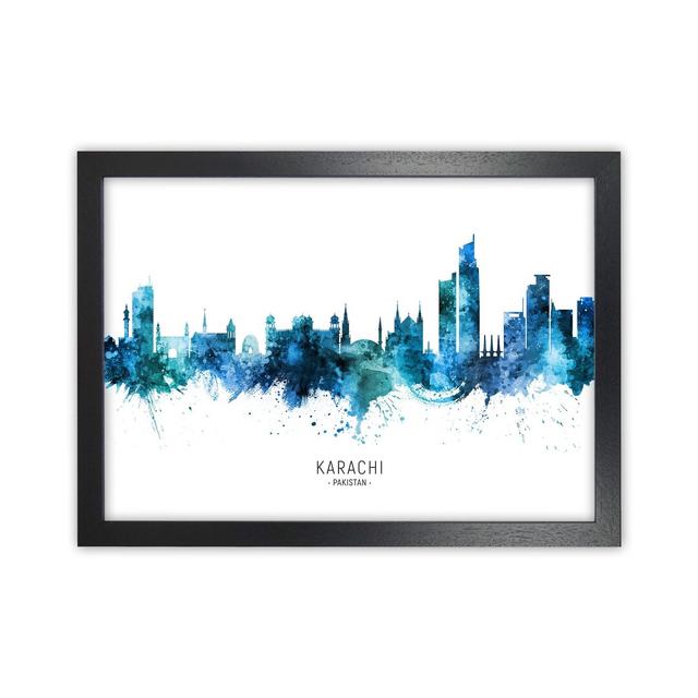 Karachi Pakistan Skyline Blue City Name by Michael Tompsett - Print Ebern Designs Size: 64cm H x 88cm W x 3cm D, Format: Black Framed on Productcaster.