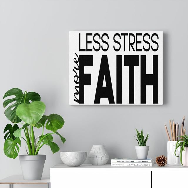 Less More Faith - Wrapped Canvas Typography Blue Elephant Size: 30cm H x 41cm W x 3cm D on Productcaster.